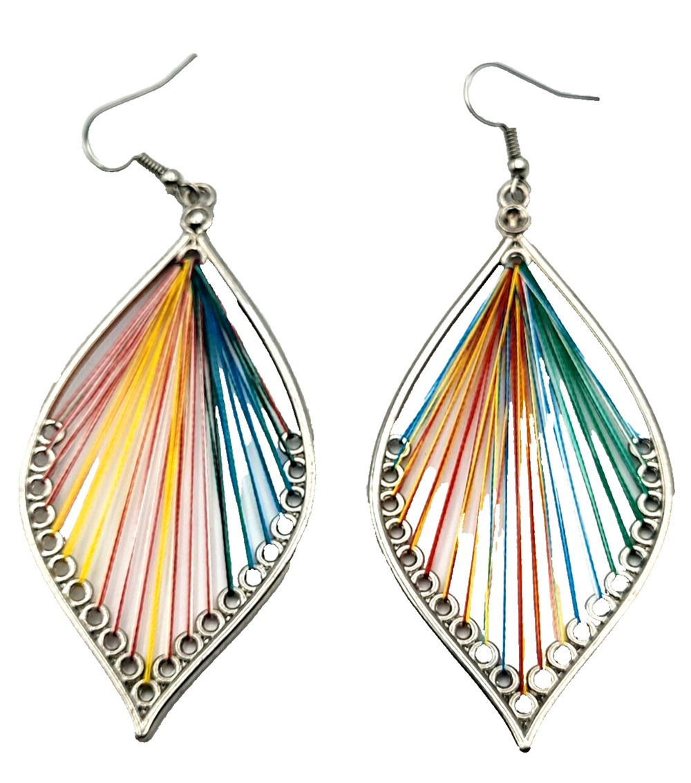 Boho Rainbow Silk Thread Dangle Earrings 2.75" Long Beautiful